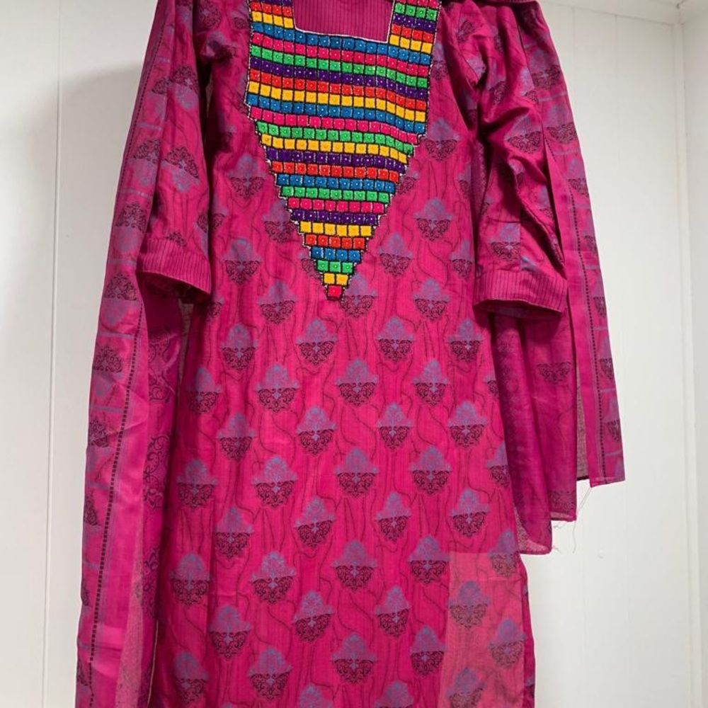 Vibrant Pink Patterned Dress with Multicolor Accents